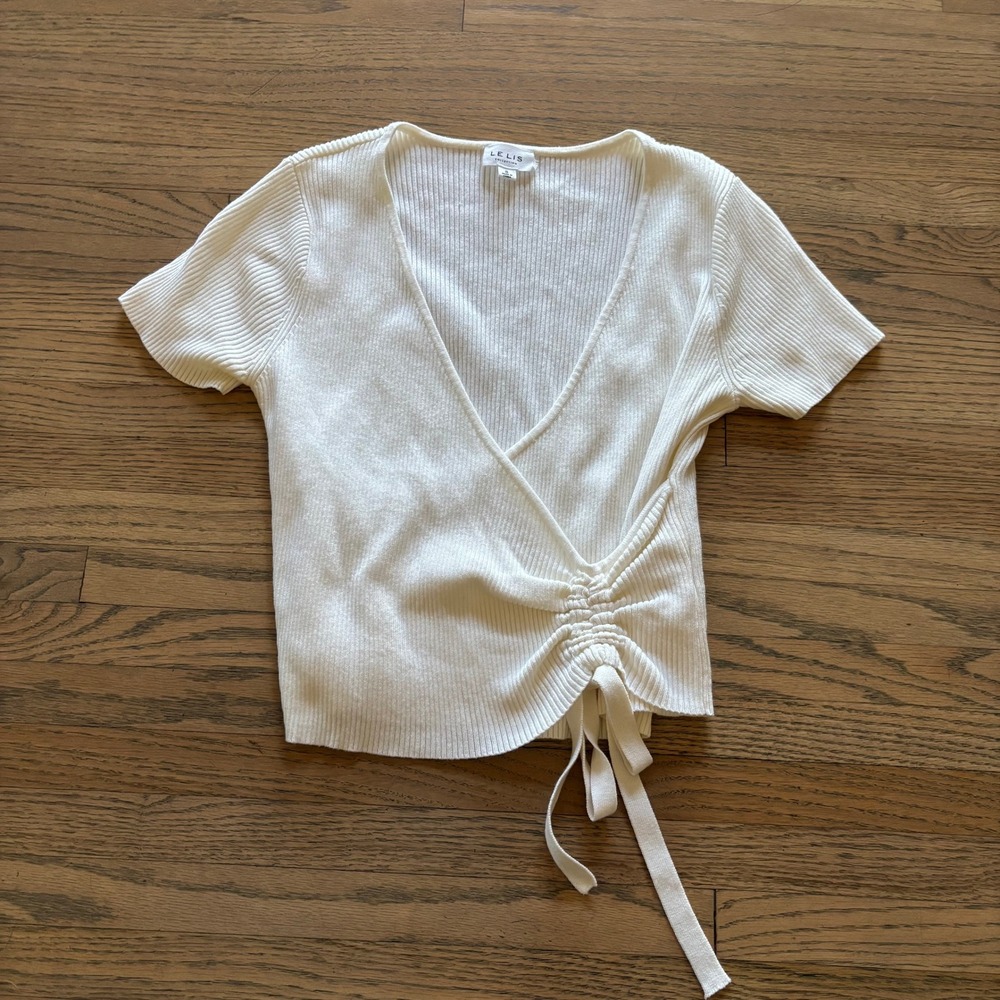 LE LIS Collection White Ribbed Short Sleeve Faux Wrap Top‎ Small Ruched Tie